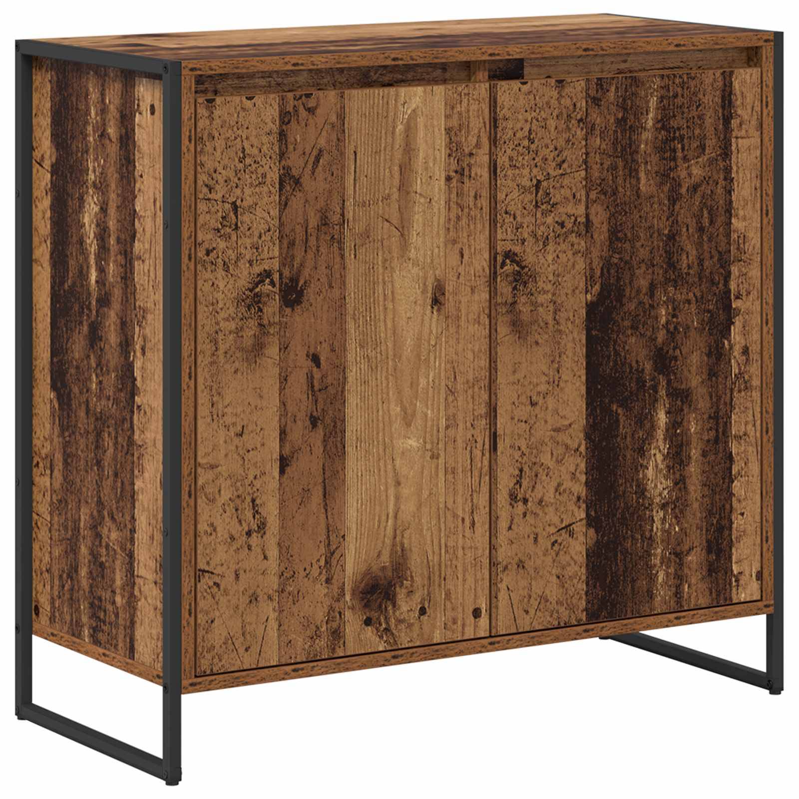 Holzschrank mit rustikaler Brettfront und dunklem Metallrahmen, auf weißem Hintergrund dargestellt.