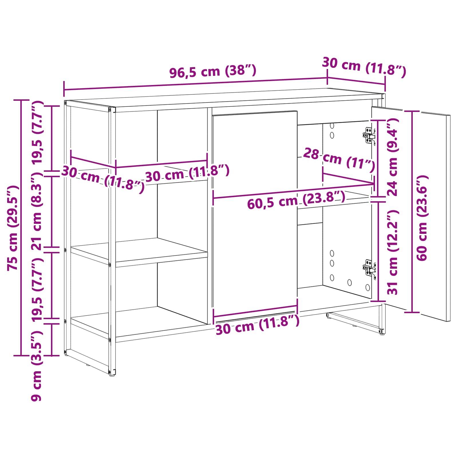 Möbeldiagramm mit Abmessungen: Breite 96,5 cm (38