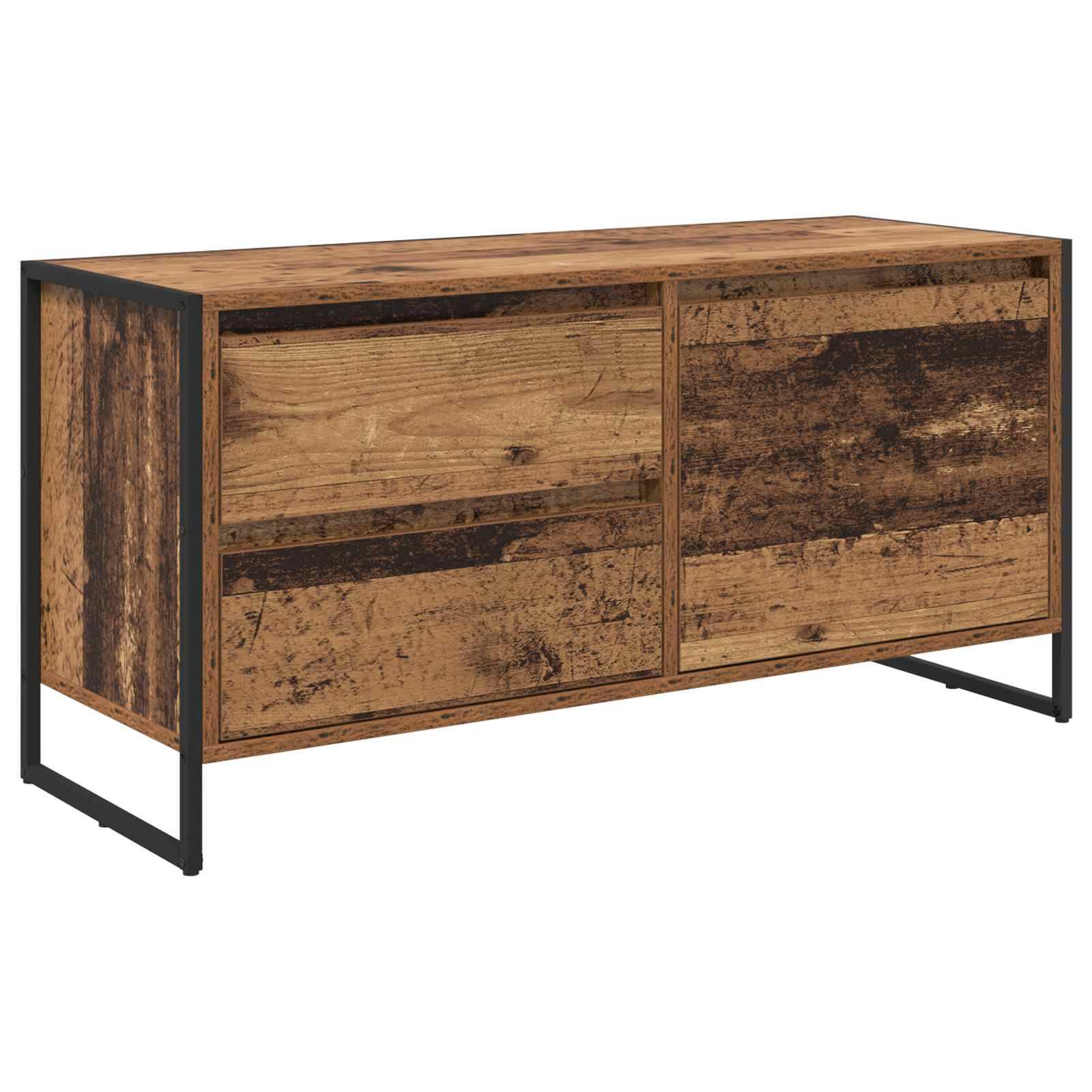 Ein modernes Sideboard mit rustikaler Holzoberfläche und schwarzem Metallgestell, ausgestattet mit zwei Cabinetttüren und zwei Schubladen. Ideal zur Aufbewahrung.