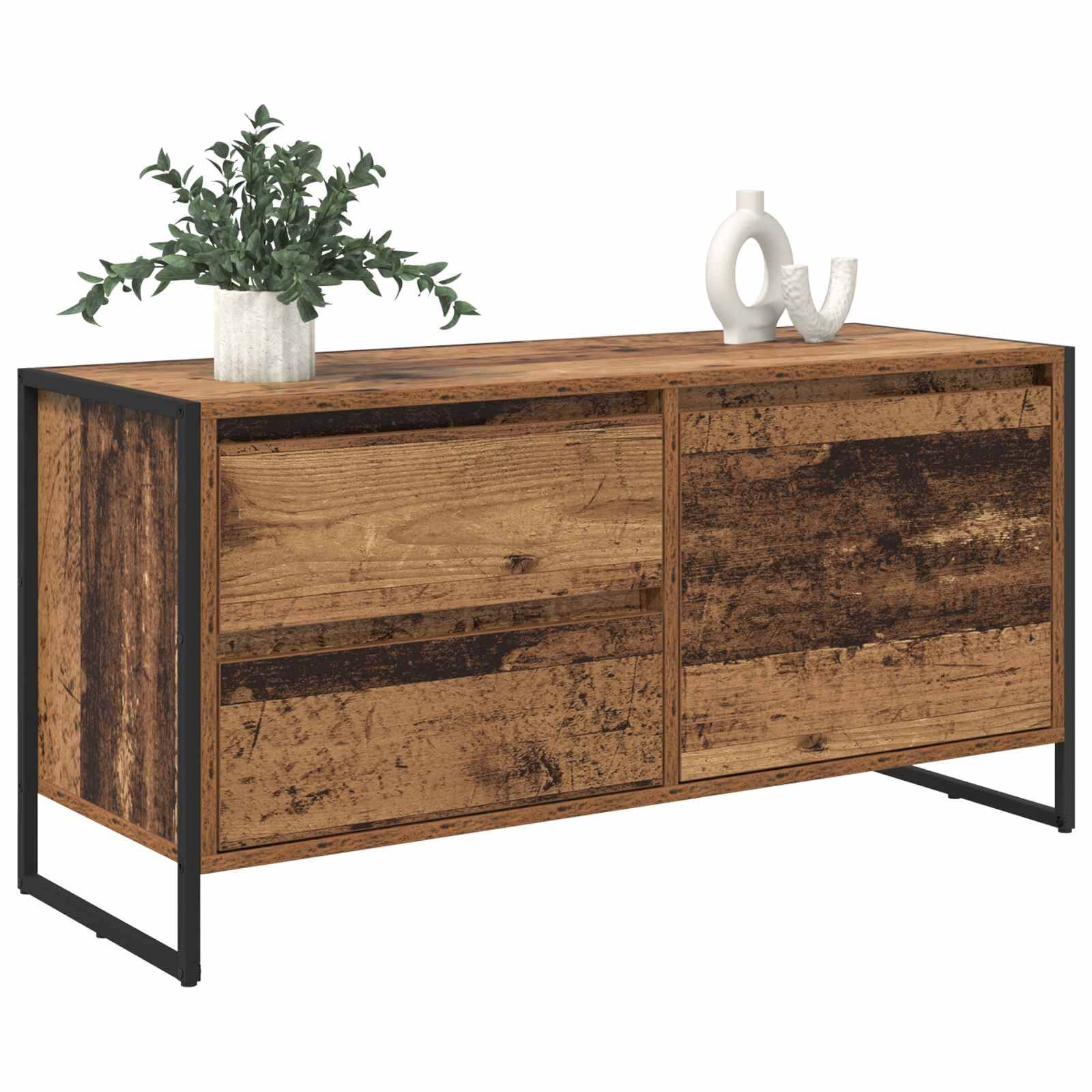 Holzsideboard mit rustikaler Oberfläche, ausgestattet mit zwei Schränken und schwarzen Metallfüßen. Eine weiße Vase mit grünen Blättern und eine Keramik-Skulptur zieren die Oberfläche.