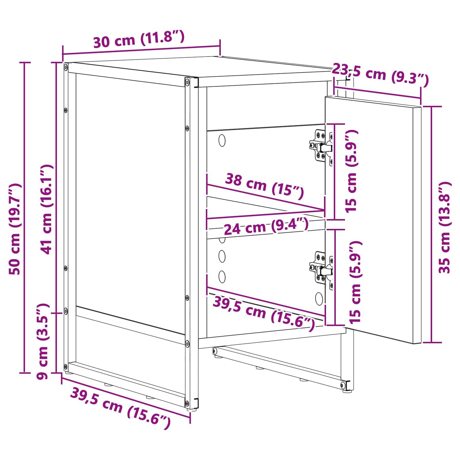 Schrankmasse: Höhe 50 cm, Breite 30 cm, Tiefe 39,5 cm. Regelhöhen: 41 cm, 38 cm, Breiten: 24 cm, 39 cm.