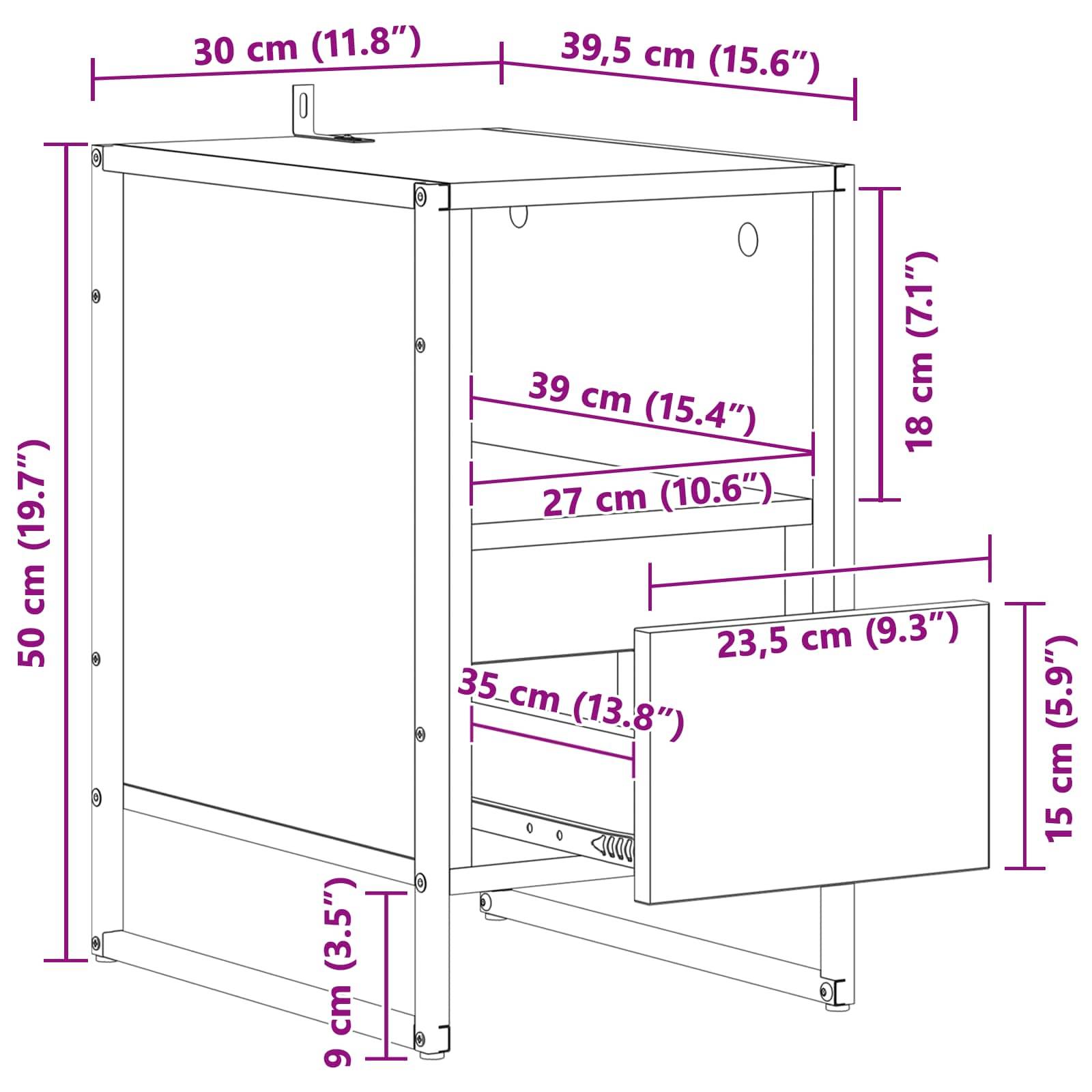 Schrankabmessungen in Zentimetern und Zoll: Höhe 50 cm (19,7
