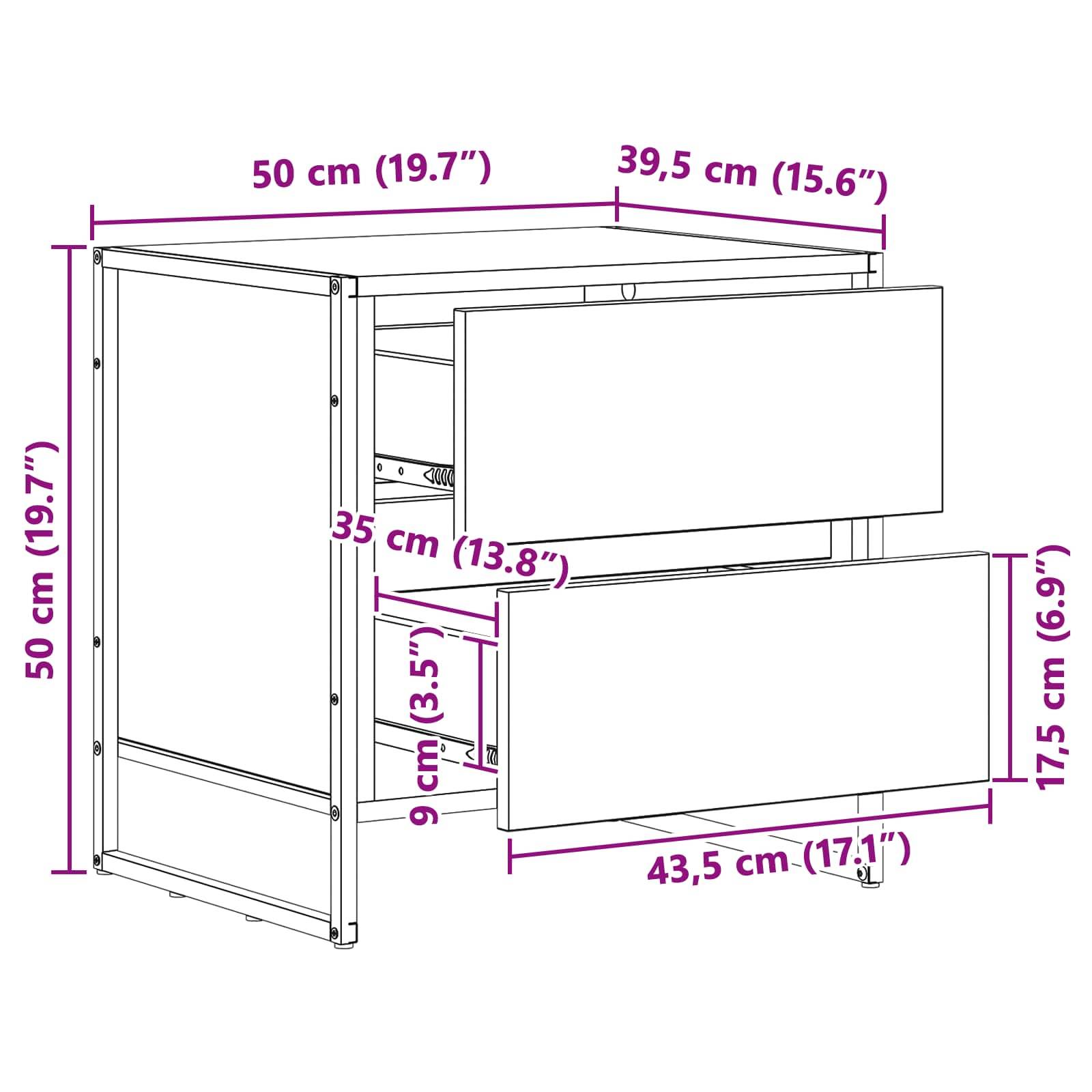 Kommoden-Abmessungen: 50 cm breit (19,7 Zoll), 50 cm hoch (19,7 Zoll), 39,5 cm tief (15,6 Zoll). Enthält zwei Schubladen mit Höhen von 9 cm (3,5 Zoll) und 17,5 cm (6,9 Zoll).