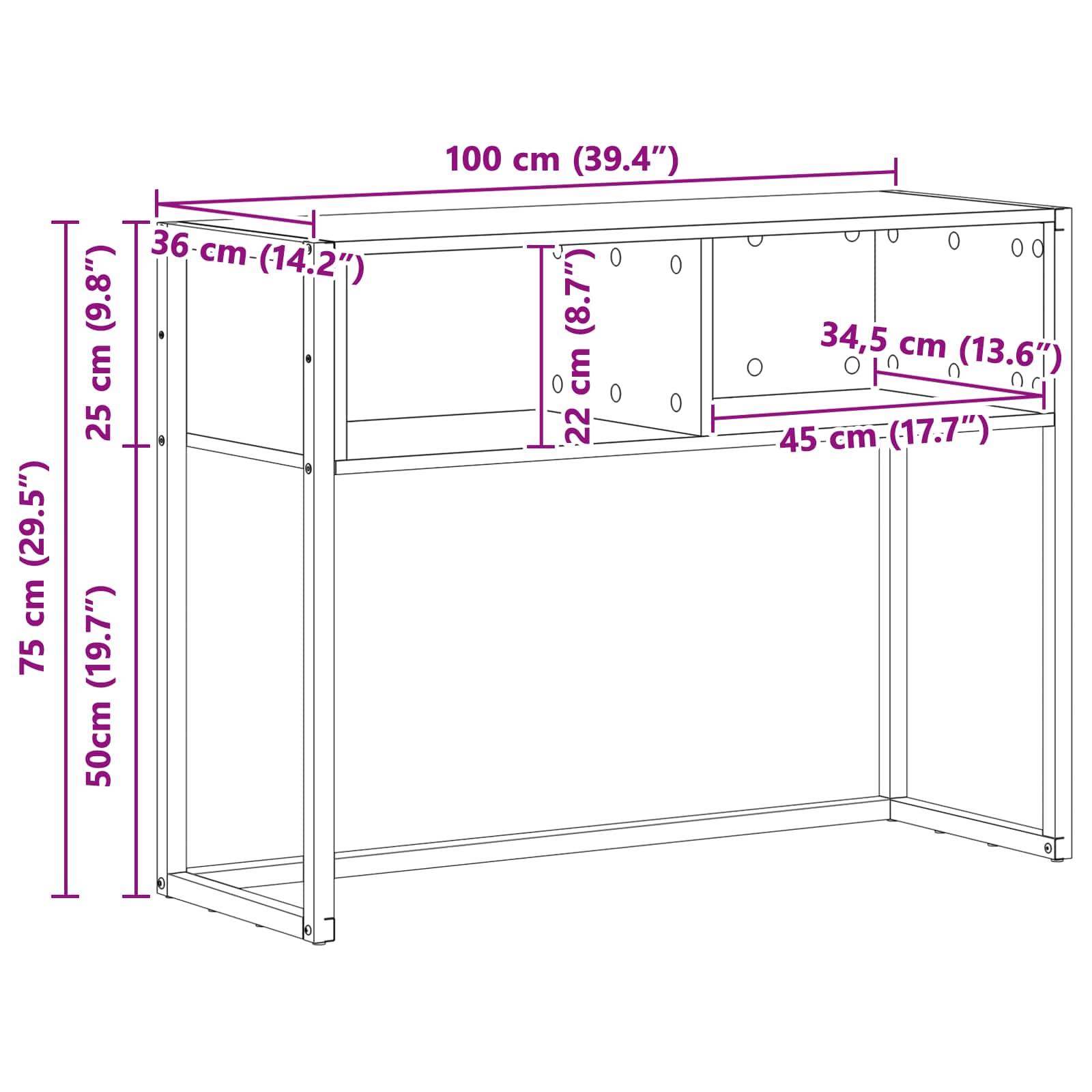 Eine Linienzeichnung eines Schreibtischs mit Maßen: Breite 100 cm, Höhe 75 cm, Tiefe 50 cm, oberes Regal 36 cm Tiefe, unteres Regal 45 cm Tiefe.