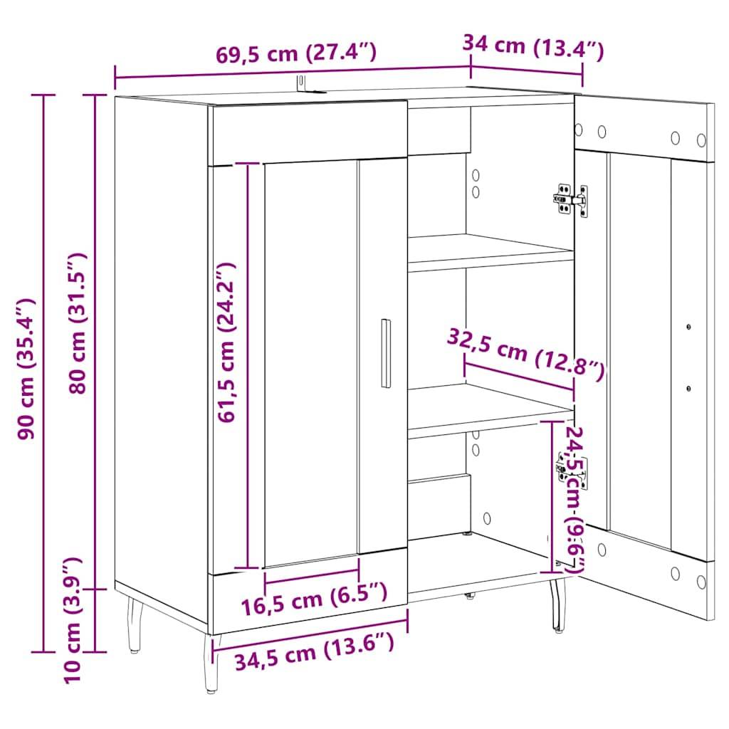 Eine technische Zeichnung eines Schranks mit beschrifteten Abmessungen, die Höhe, Breite und Tiefe sowohl in Zentimetern als auch in Zoll anzeigt.