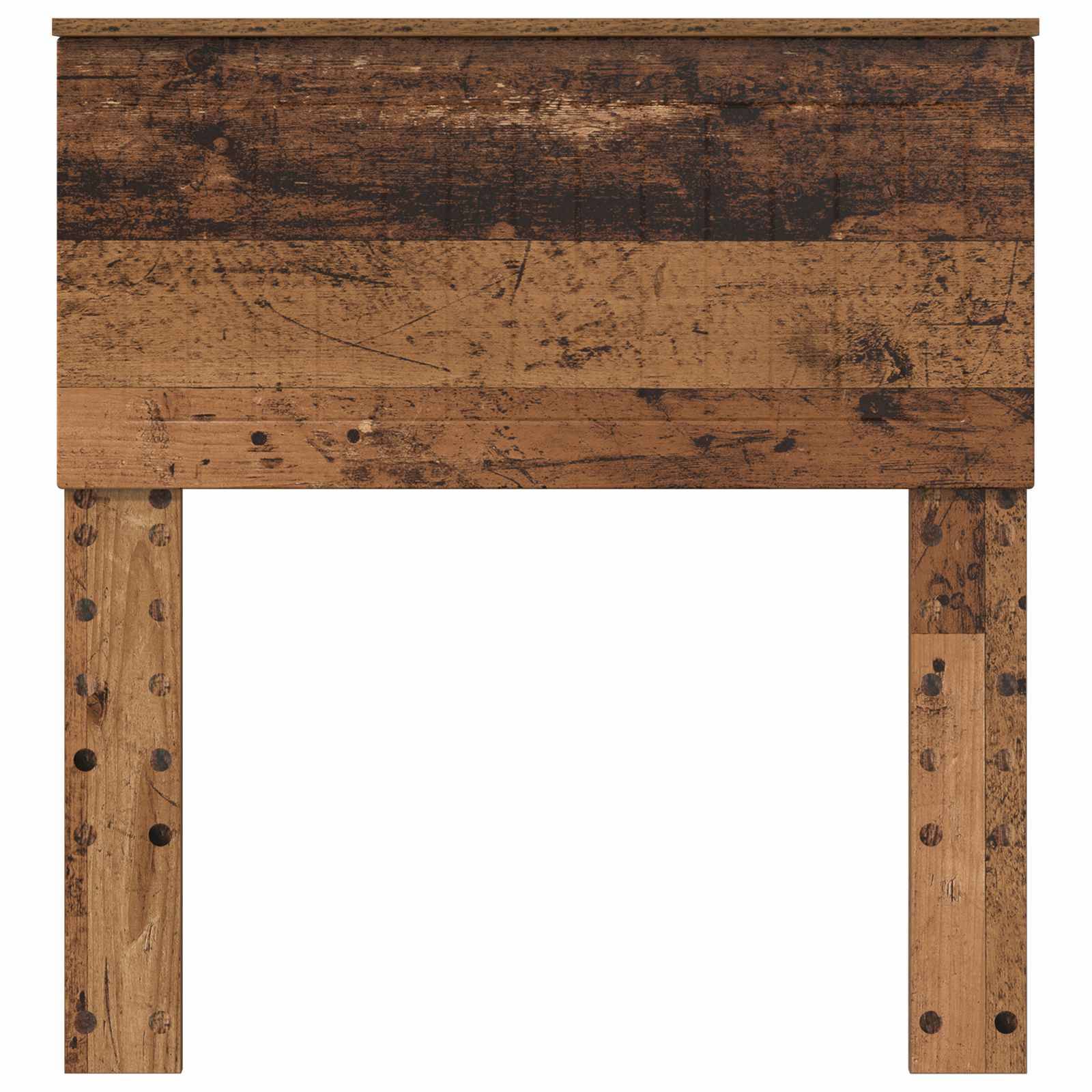 Rustikales Holzkopfteil mit natürlicher Maserung und verschiedenen Brauntönen, das ein vintage, verwittertes Aussehen aufweist und sich ideal für ein gemütliches Schlafzimmer eignet.