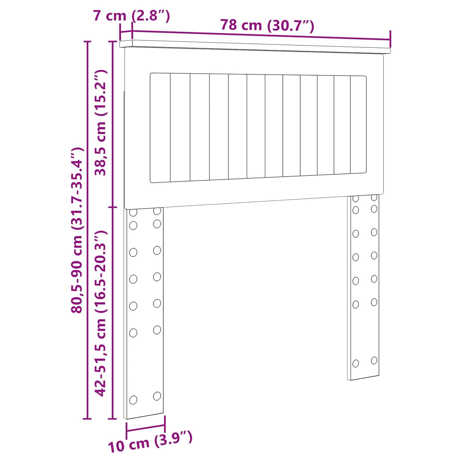Kopfteildimensionen: Breite 78 cm (30,7 Zoll), Höhe 38,5 cm (15,2 Zoll), mit verstellbaren Beinen im Bereich von 80,5 bis 90 cm (31,7 bis 35,4 Zoll).