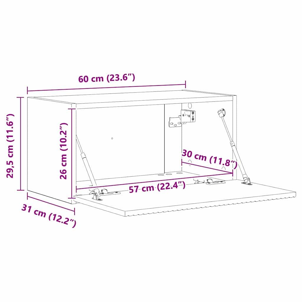 Wandschrank-Diagramm mit Maßangaben: 60 cm Breite, 29,5 cm Höhe, 31 cm Tiefe. Innere Abmessungen umfassen 57 cm Breite und 26 cm Höhe.