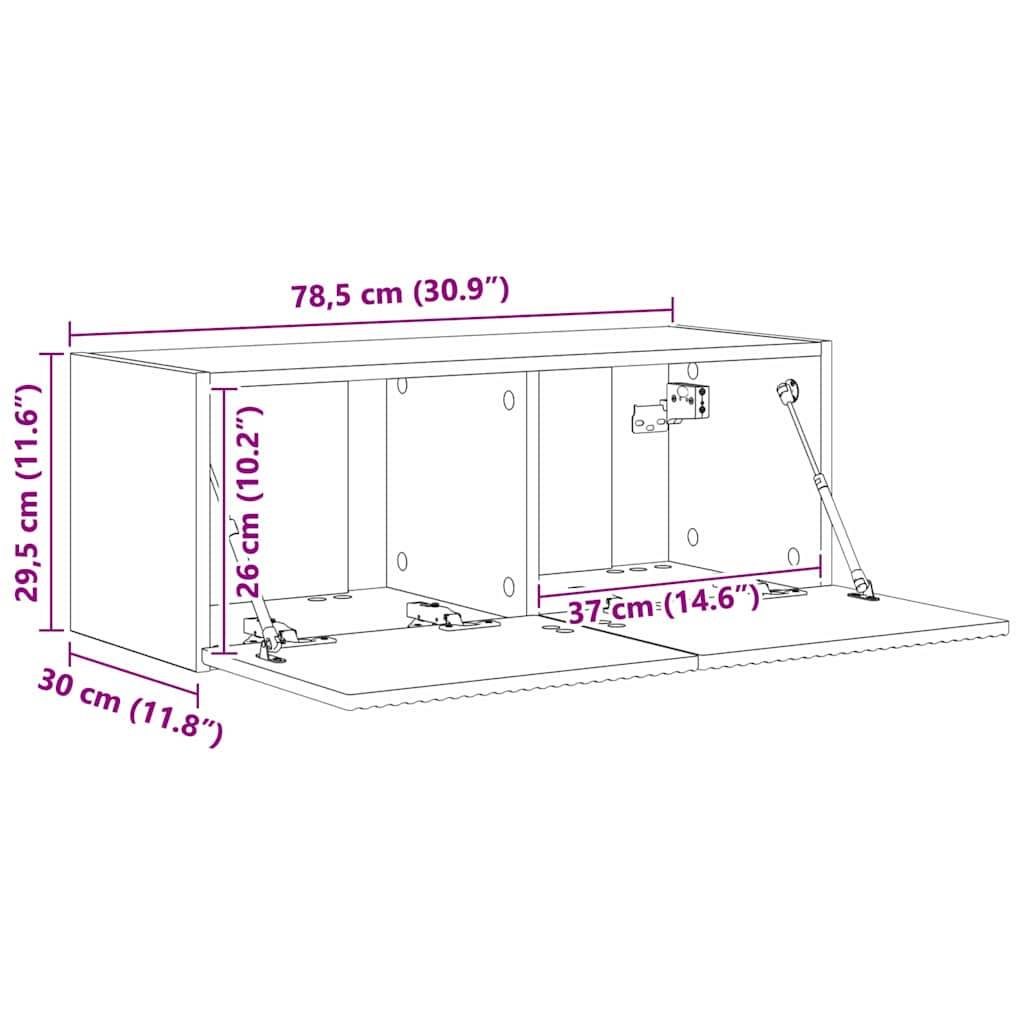 Eine Skizze eines Wandschranks mit Maßen: Breite 78,5 cm (30,9 Zoll), Höhe 29,5 cm (11,6 Zoll), Tiefe 30 cm (11,8 Zoll).