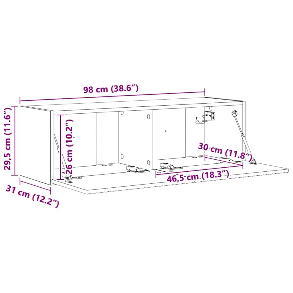 Schemazeichnung eines Wandschranks mit geöffneter Tür: Breite 98 cm, Höhe 29,5 cm, Tiefe 31 cm. Türhöhe 26 cm.