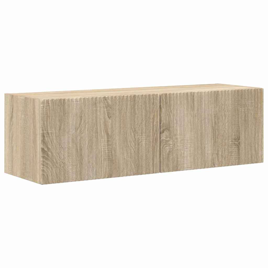 Wandmontierter Holzschrank mit Eiche-Hell-Oberfläche, der ein minimalistisches Design und zwei geschlossene Türen aufweist.