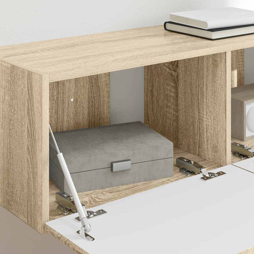 Ein Holzregal mit einer grauen Aufbewahrungsbox, einem weißen Ordner und einigen Schreibwaren. Die Umgebung ist minimalistisch und modern.