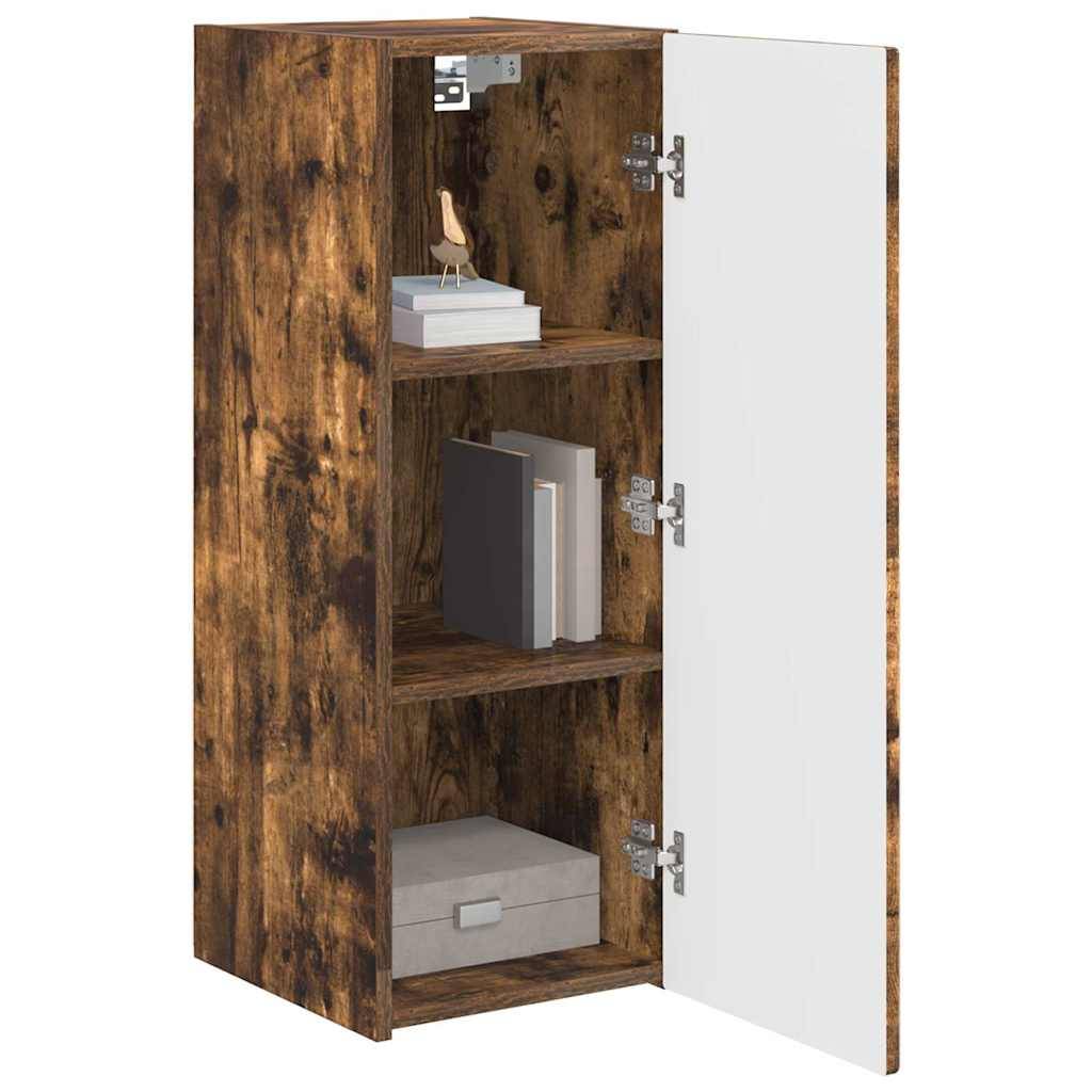 Ein offener Holzschrank mit drei Regalen zeigt eine kleine Vogelfigur, gestapelte Bücher, einige Ordner und eine geschlossene Box.