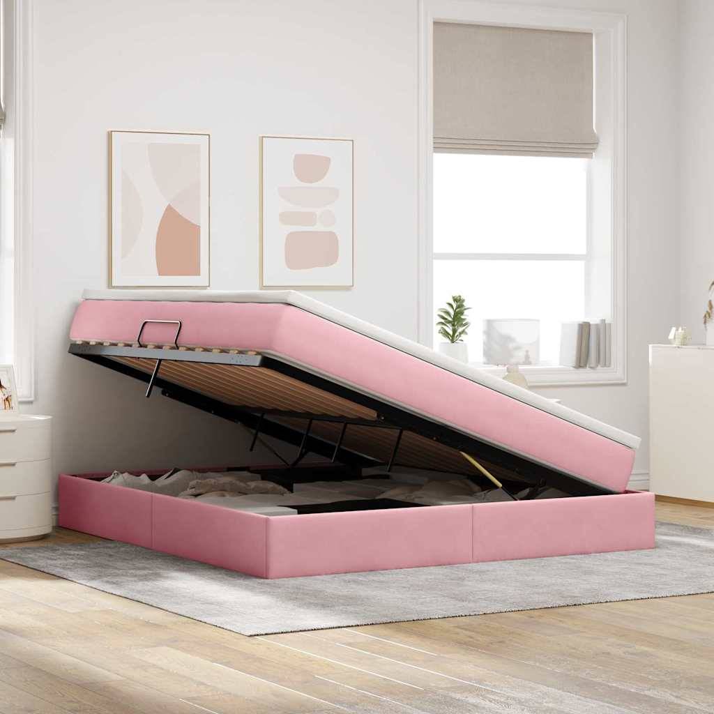 Ein rosa Polsterbett mit angehobener Basis, die den Stauraum darunter zeigt. Das Zimmer ist modern mit beigen Wänden und abstrakter Kunst.
