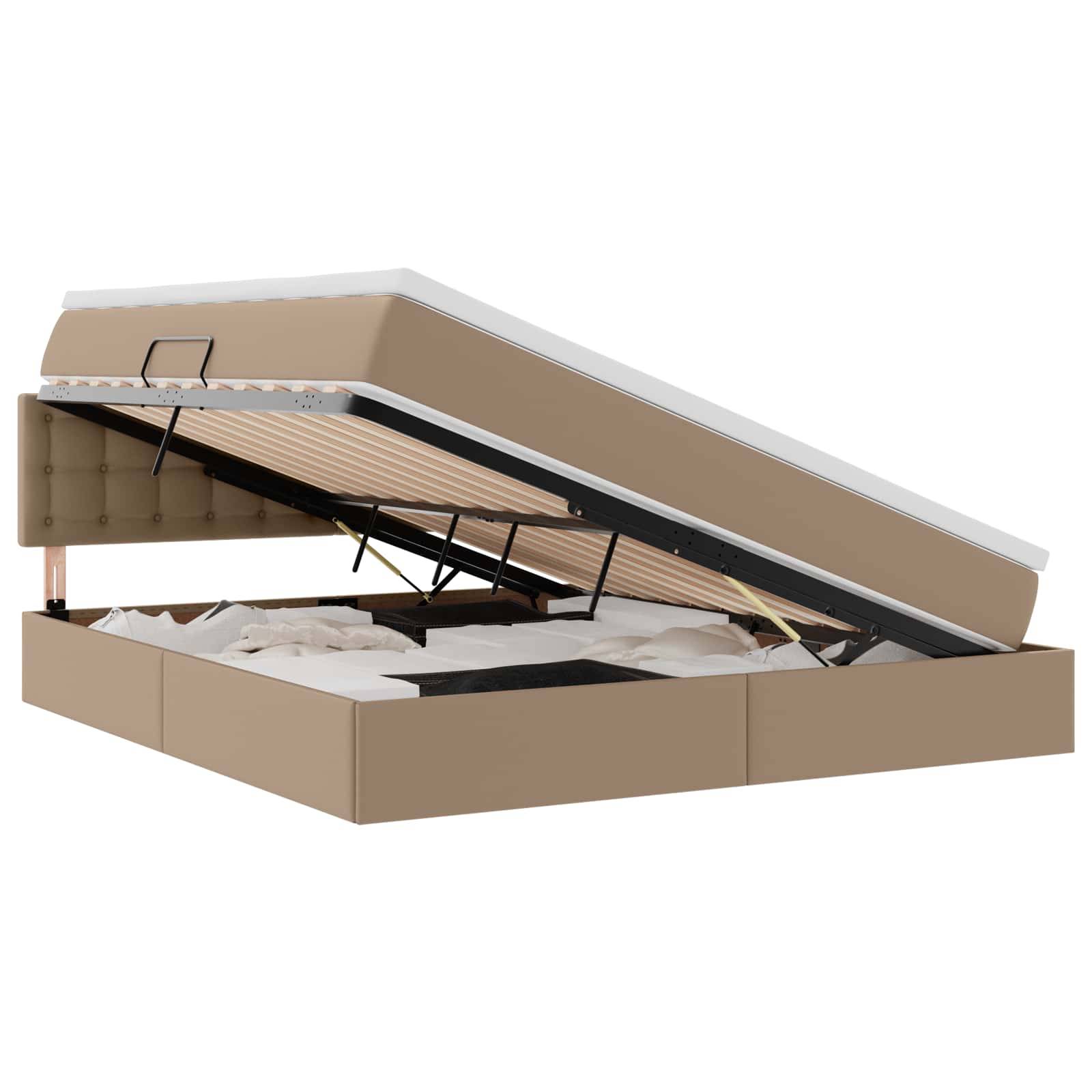 Ein beige gepolstertes Stauraumbett mit angehobener Matratzenplattform, die einen geräumigen Stauraum darunter freilegt.