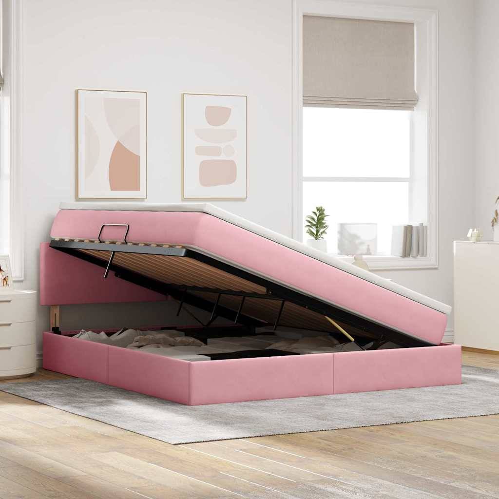 Ein rosa Aufbewahrungsbett mit angehobener Matratze, die reichlich Stauraum darunter offenbart. Der Raum ist modern eingerichtet und von natürlichem Licht durchflutet.