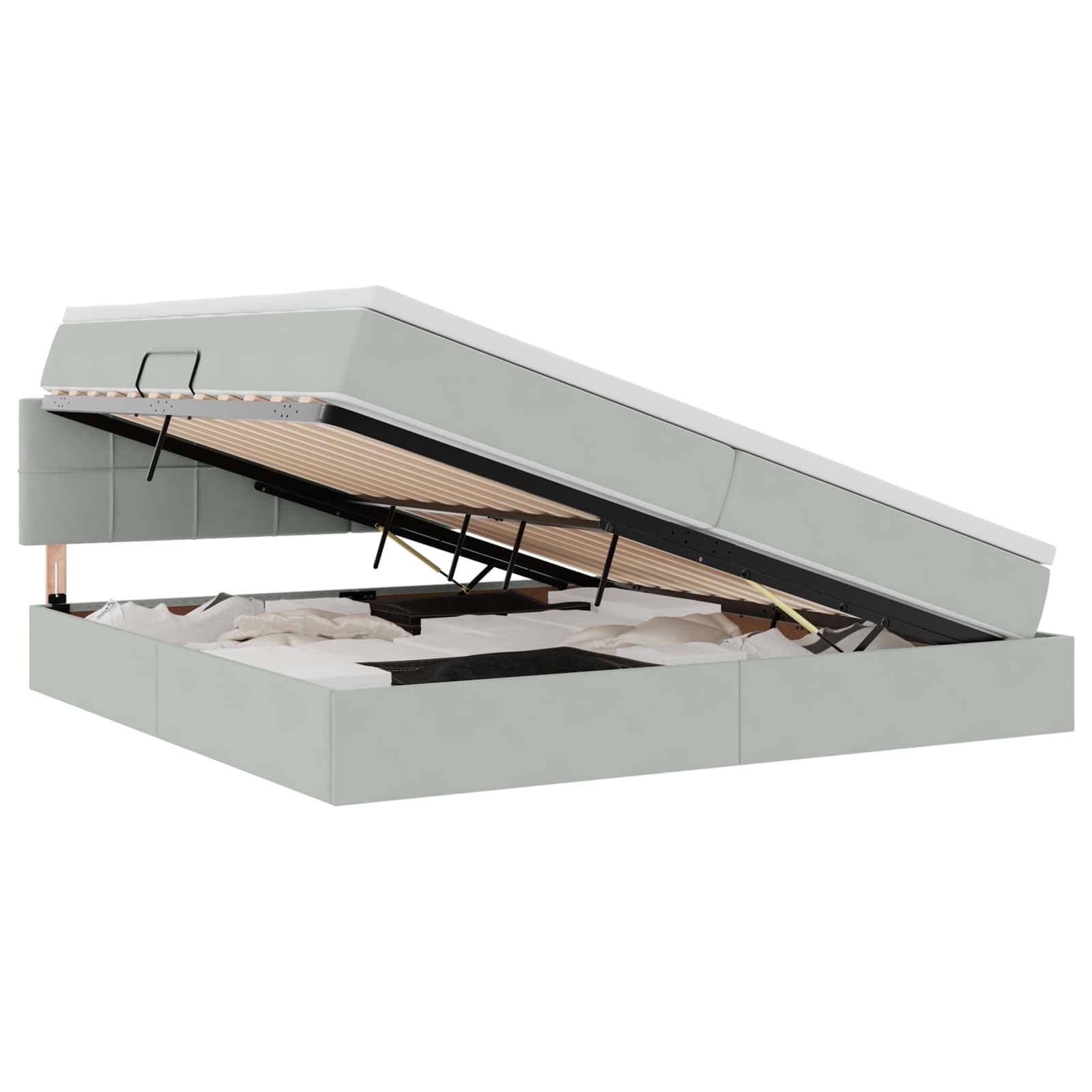 Ein Plattformbett mit einer hochklappbaren Matratzenunterlage, die nach oben geöffnet wird und Stauraum darunter freigibt. Die Unterlage wird von Metallstreben gestützt.
