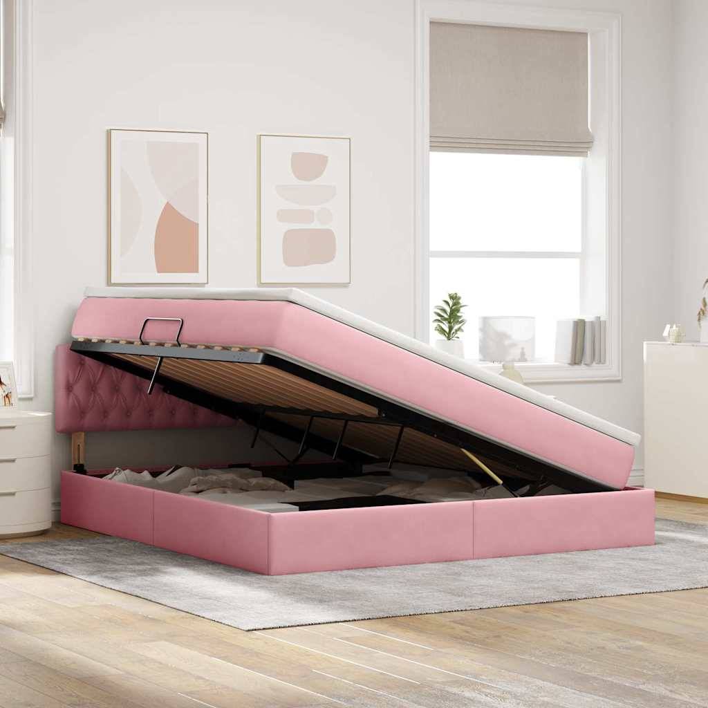 Ein rosa gepolstertes Bett mit erhöhtem Stauraum-Sockel in einem modernen Schlafzimmer mit Holzfußboden, weißen Wänden und abstrakten Kunstwerken an der Wand.
