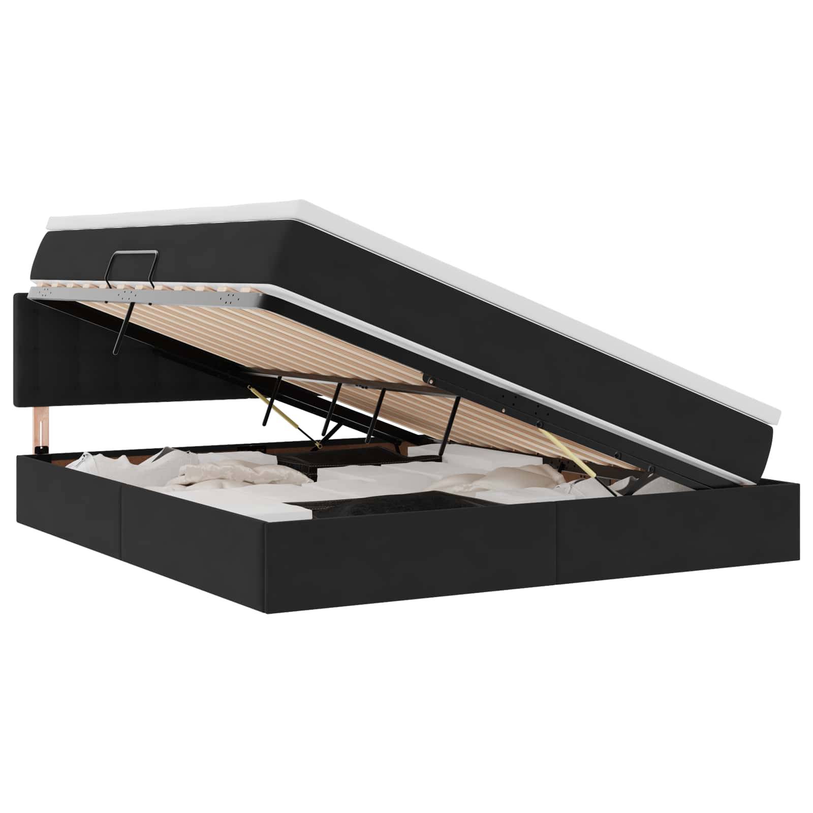 Schwarzes Speicherbett mit hydraulischem Lift, Matratze angehoben, um den Stauraum darunter zu zeigen, mit Holzlatten und Bettwäschenmaterial sichtbar.