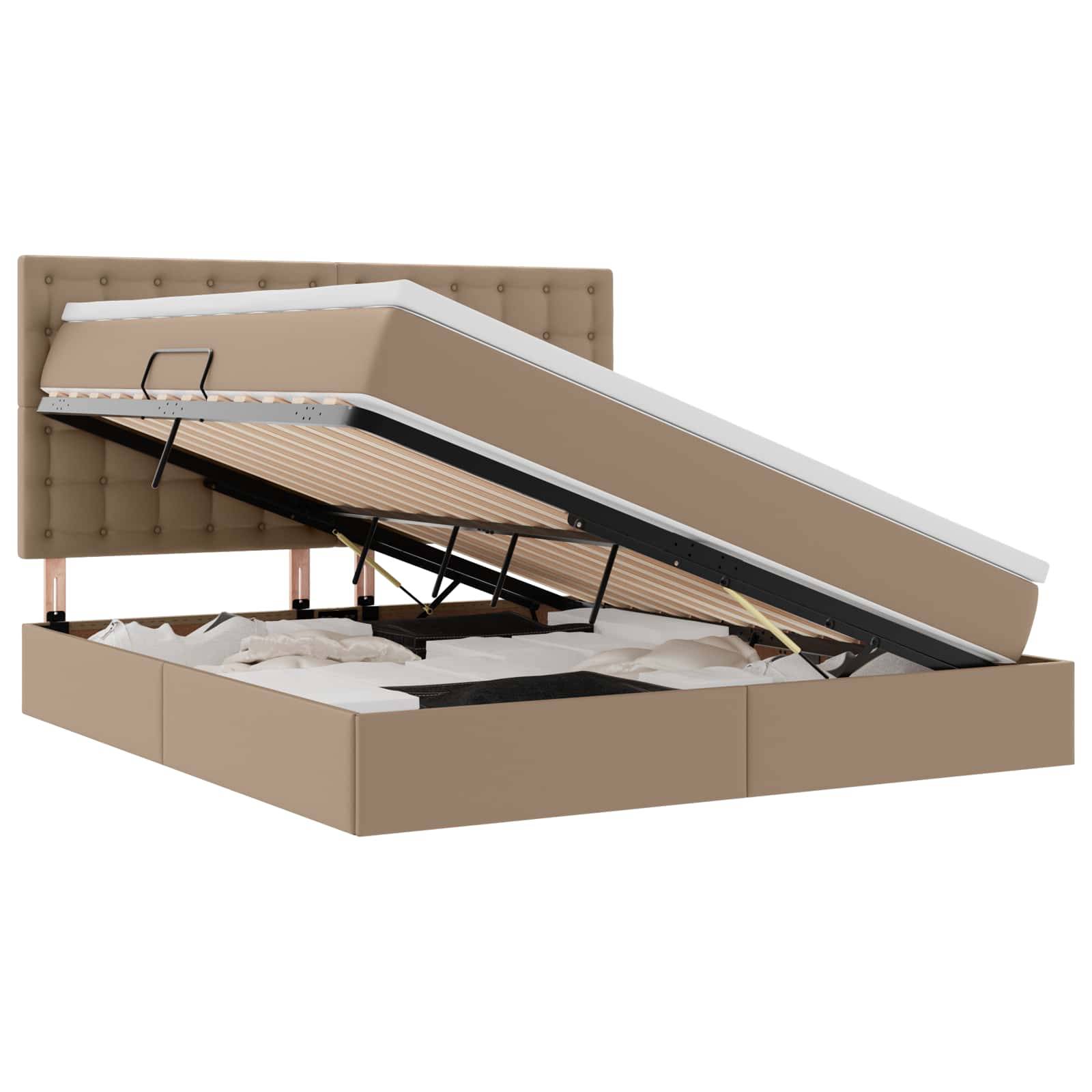 Ein beige Bettgestell mit Stauraum und hydraulischem System wird gezeigt. Die Matratze wird angehoben, um den Stauraum darunter freizulegen. Der Kopfteil ist mit Knöpfen gepolstert.