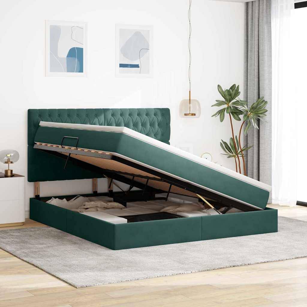 vidaXL LED-Speicherbett mit Matratze Dunkelgrün 160 x 200 cm Samt