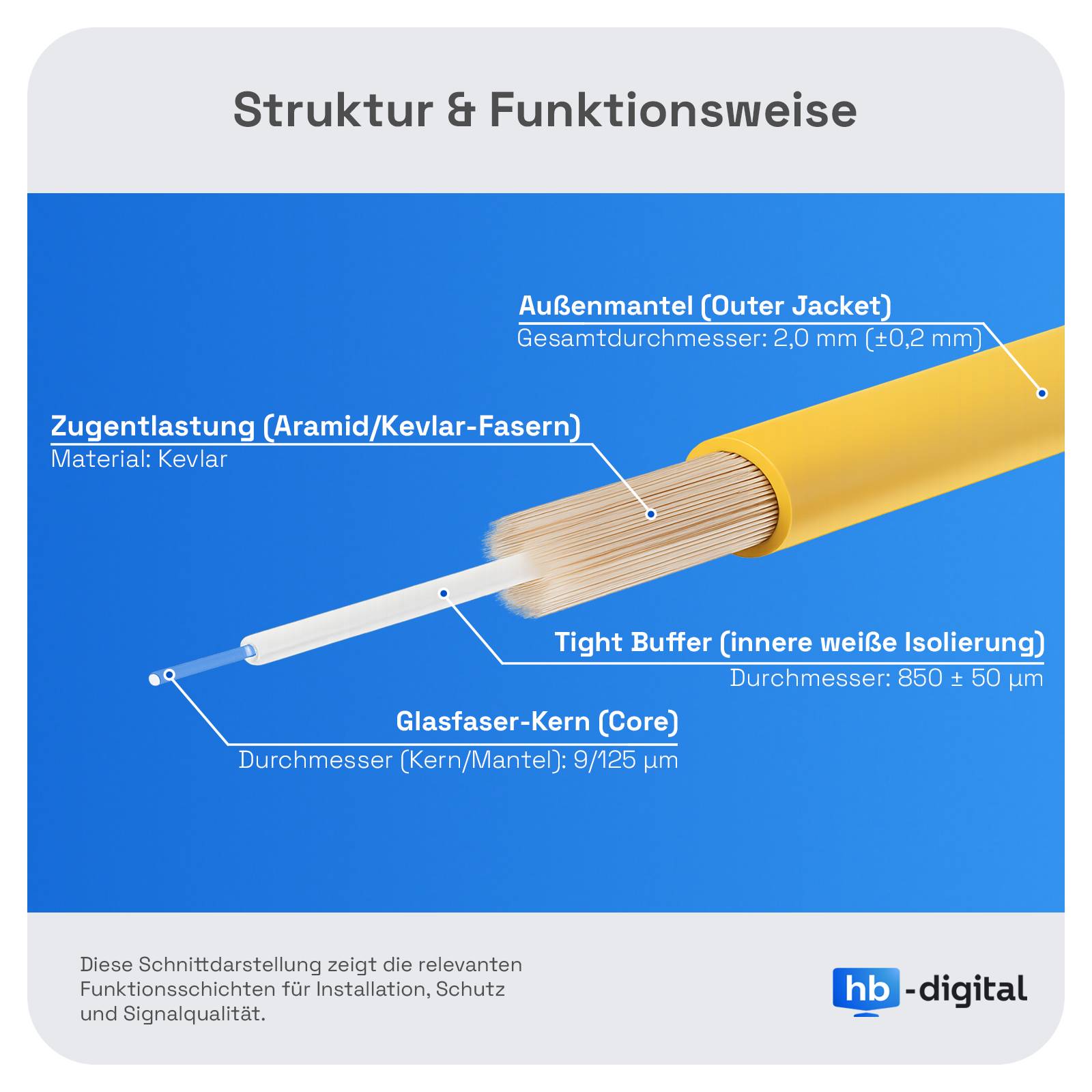 Diagramm eines Lichtwellenleiterkabels mit der Bezeichnung „Struktur & Funktionsweise