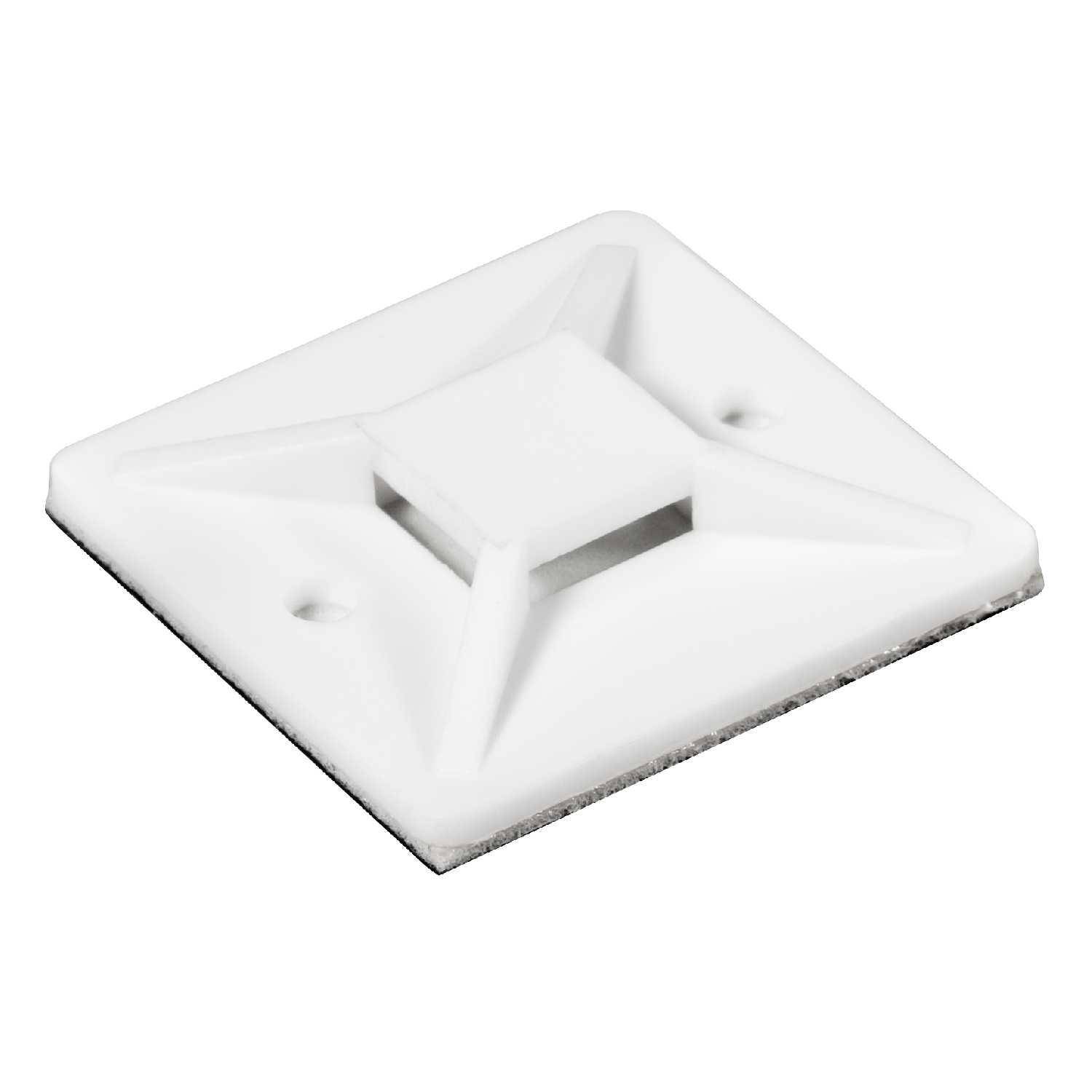 Eine weiße quadratische Kabelbinderhalterung mit Klebeschicht und zwei Befestigungslöchern zum Sichern von Kabeln an Oberflächen.