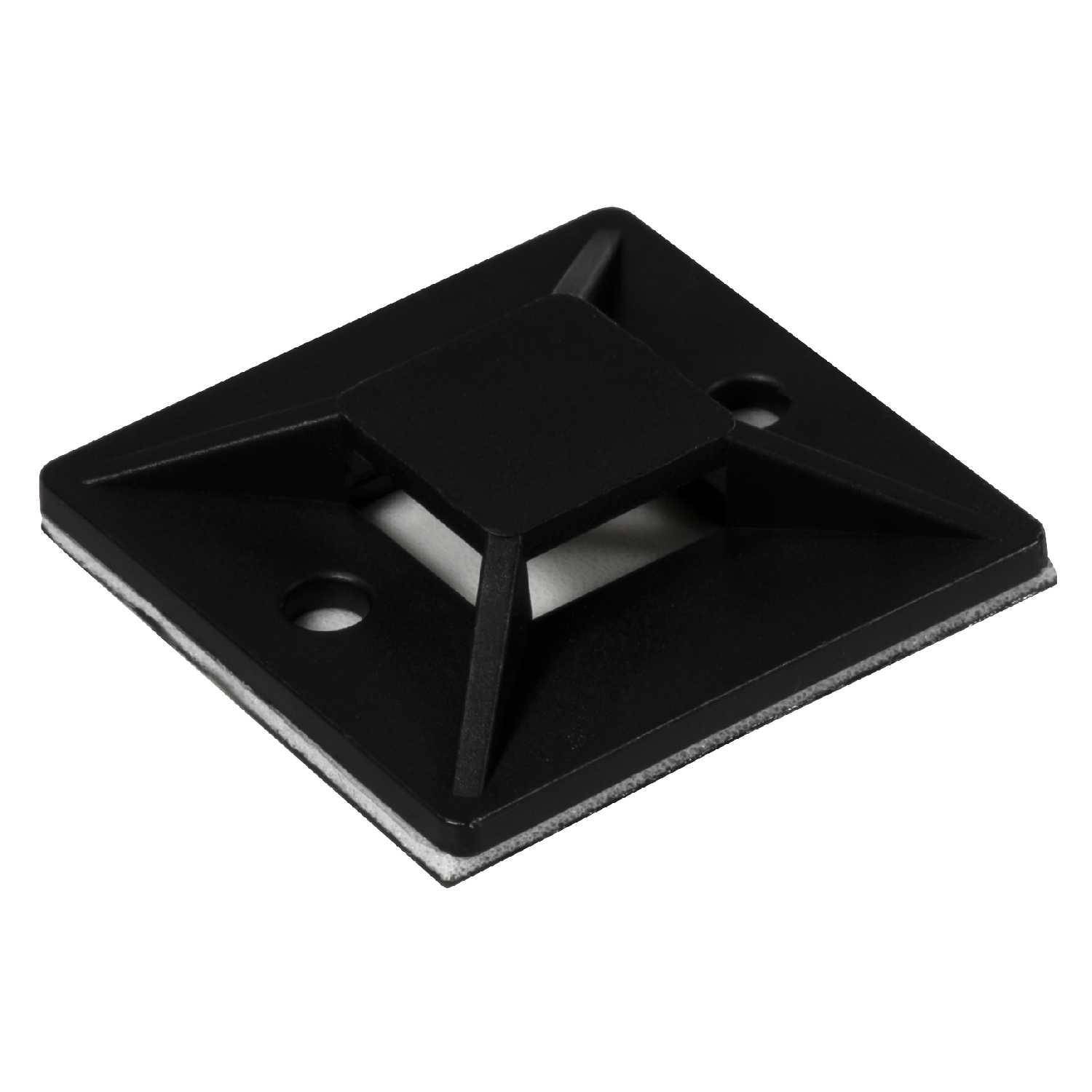 Eine quadratische schwarze Kabelbefestigungshalterung mit zwei Bohrlöchern zum Befestigen von Kabeln an Oberflächen.