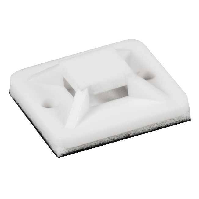 Eine weiße Klebekabelklemme mit quadratischer Basis, die zwei Löcher zum Befestigen von Kabelbindern aufweist.