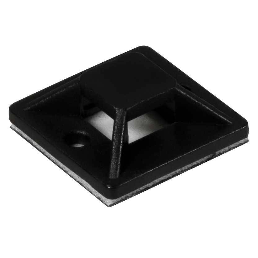 Ein schwarzer, selbstklebender Kabelhalter zum Befestigen von Kabeln, der eine quadratische Form mit einem zentralen Schlitz für Kabelbinder und einem Loch für zusätzliche Befestigung aufweist.