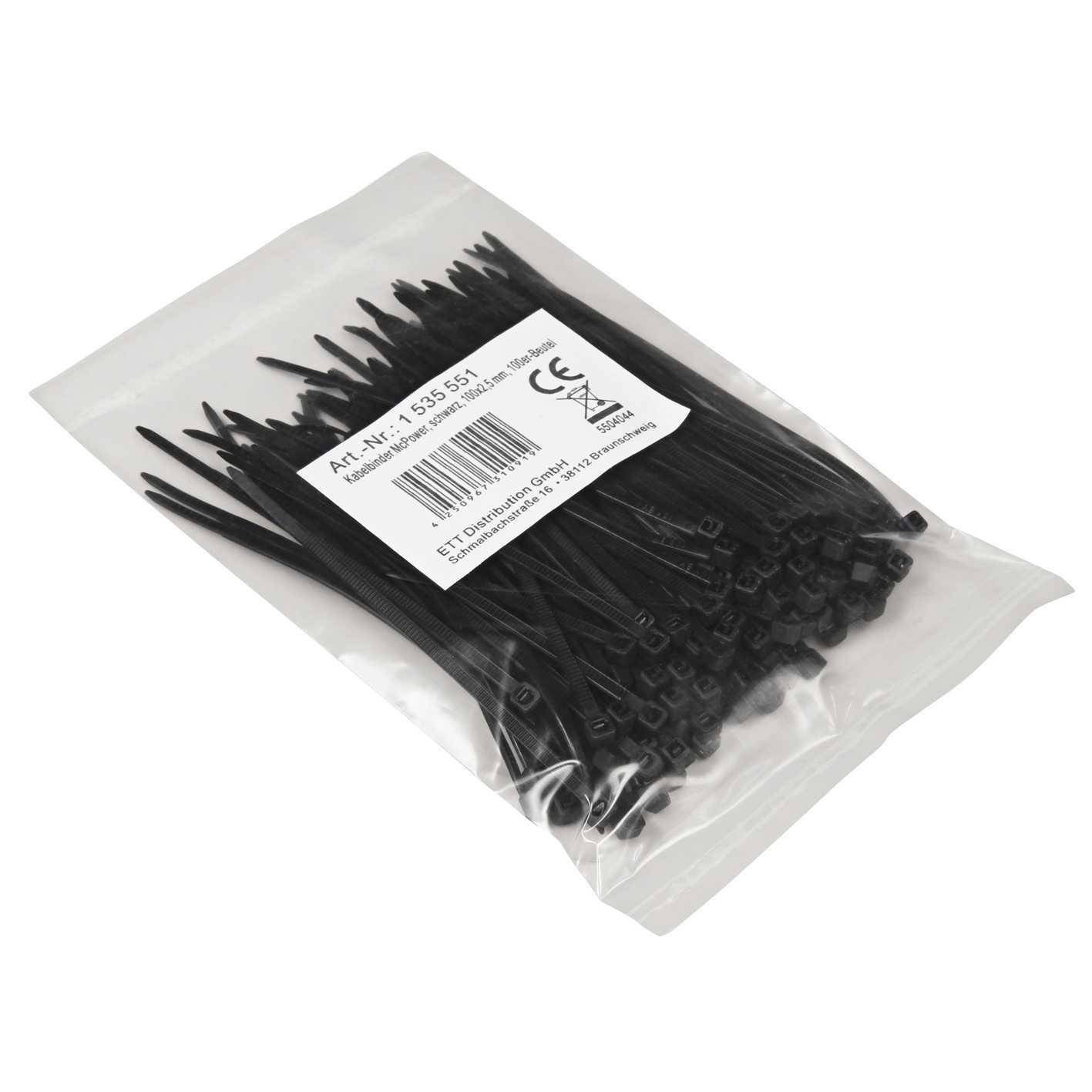 Eine Plastiktüte mit mehreren schwarzen Kabelbindern, versehen mit Produktdetails und Spezifikationen.