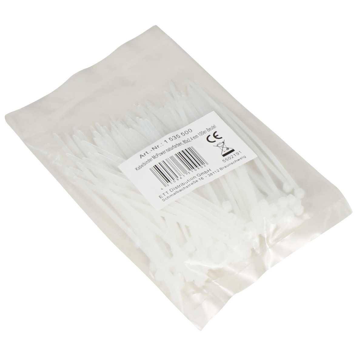 Eine transparente Plastiktüte mit mehreren weißen Kabelbindern; auf einem Etikett ist ein Barcode und Produktinformationen, einschließlich der 'CE'-Kennzeichnung, angebracht.