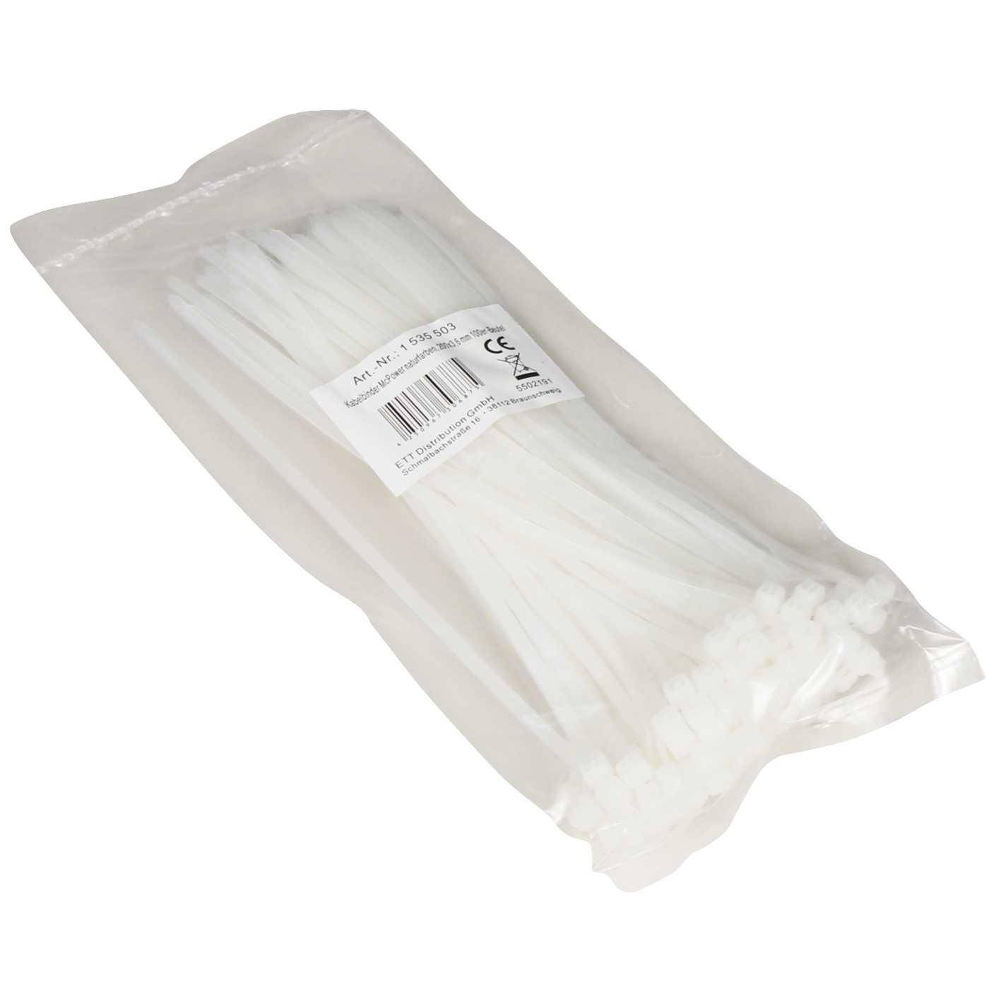 Eine Plastiktüte mit mehreren weißen Kabelbindern, versehen mit einem Etikett mit Spezifikationen und einem Strichcode.