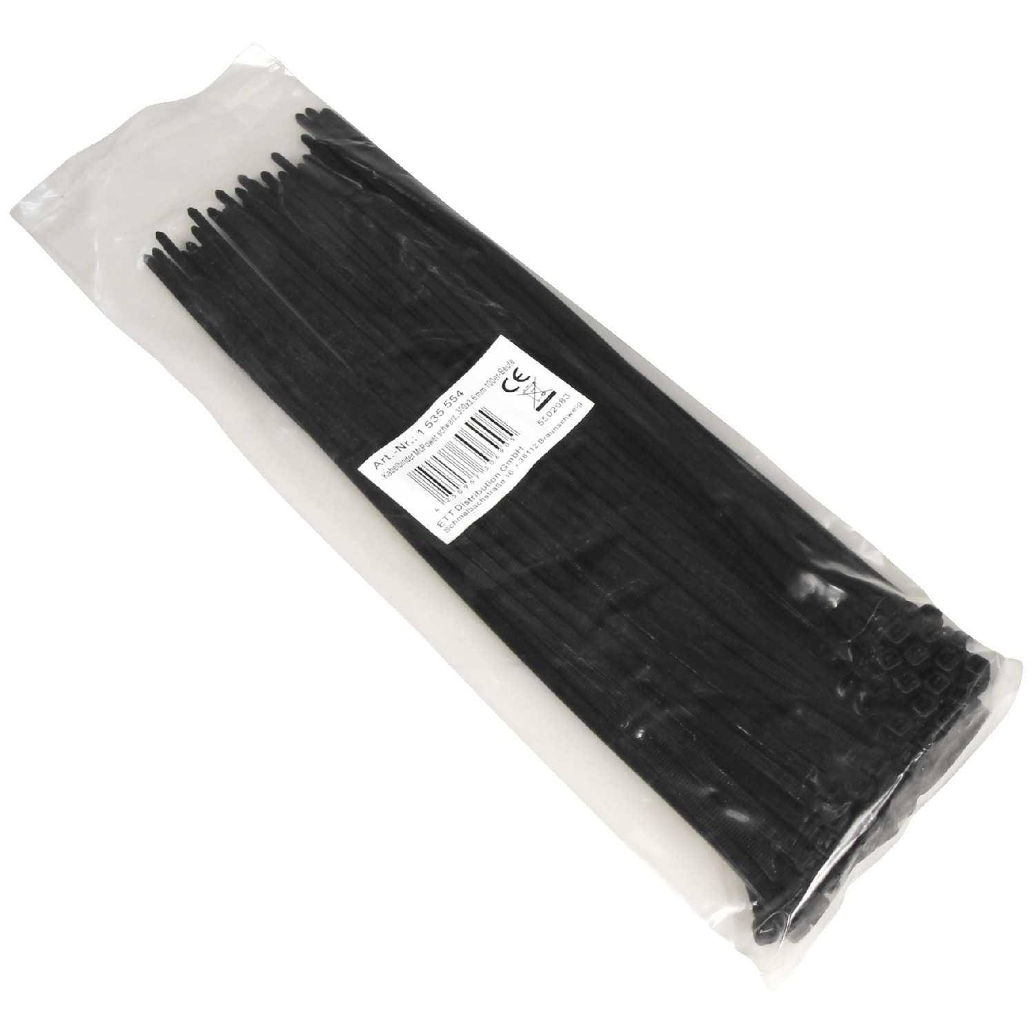 Eine transparente Tasche, die mehrere schwarze Kabelbinder enthält, sorgfältig organisiert und versiegelt mit einer Etikett auf der Vorderseite, das Barcode und Spezifikationen anzeigt.