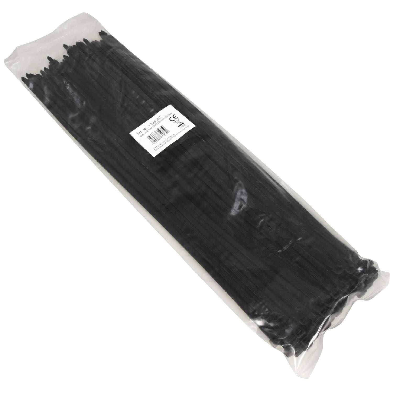 Ein Paket schwarzer Kabelbinder in einem transparenten Plastikbeutel, gekennzeichnet mit Spezifikationen und CE-Zeichen, verwendet zum Organisieren von Kabeln.