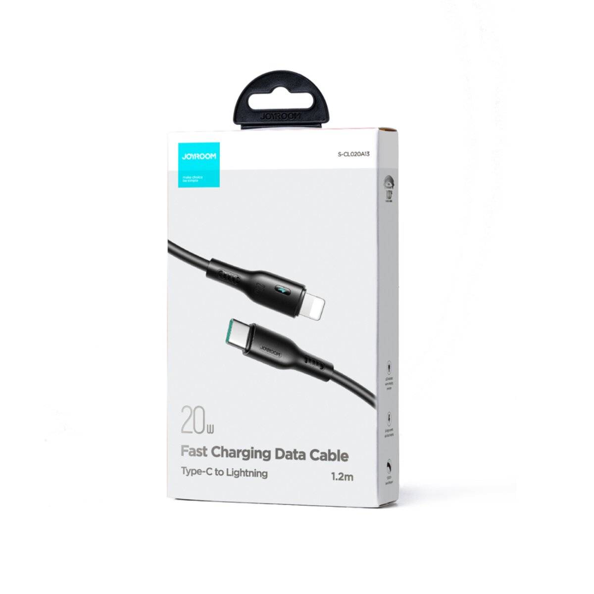 Eine Box für ein 'JOWHOP Schnelllade-Datenkabel' mit einem Type-C auf Lightning-Kabel, 1,2m Länge, mit 20W Leistungsangabe.