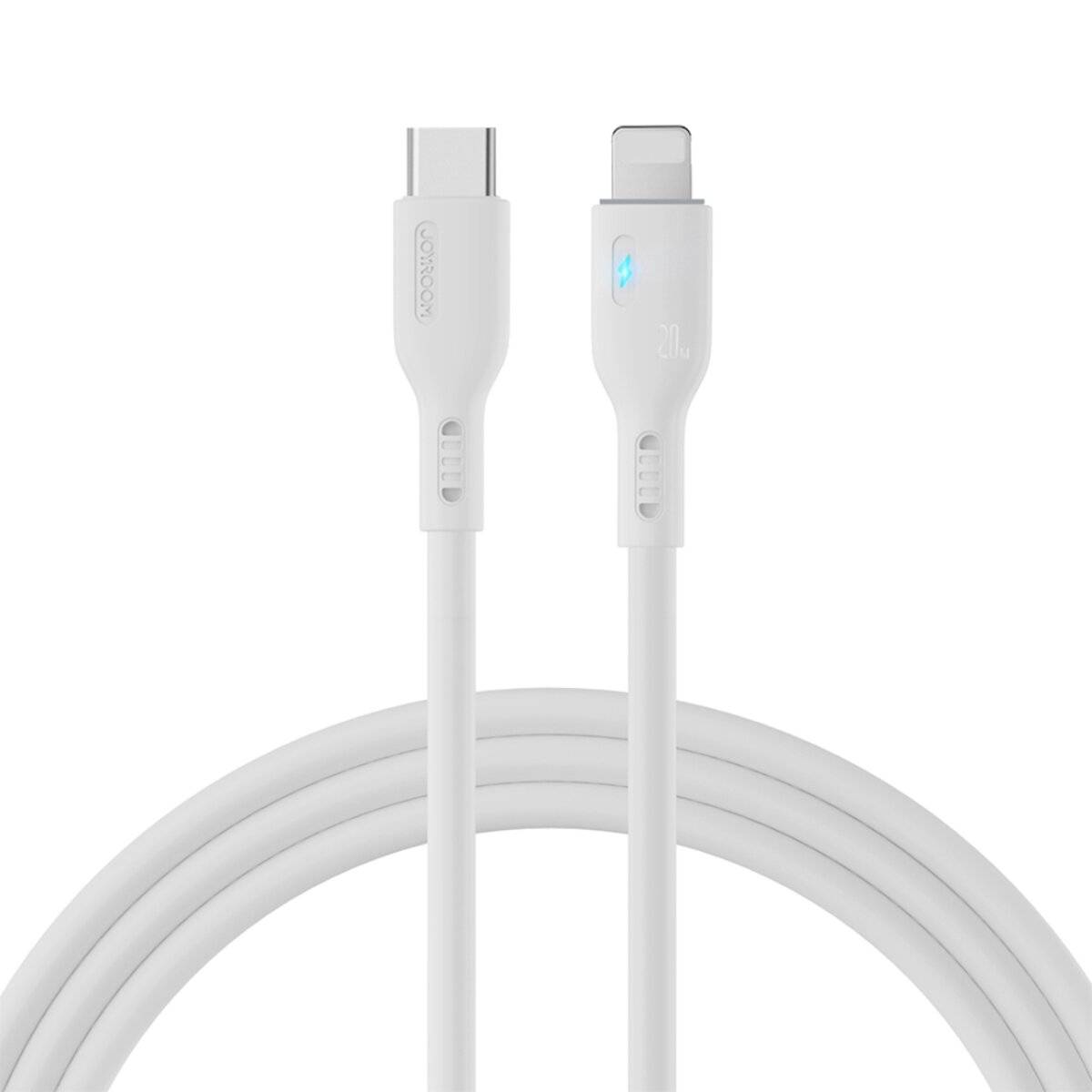Ein weißes USB-C-zu-Lightning-Kabel mit Anschlüssen an beiden Enden.