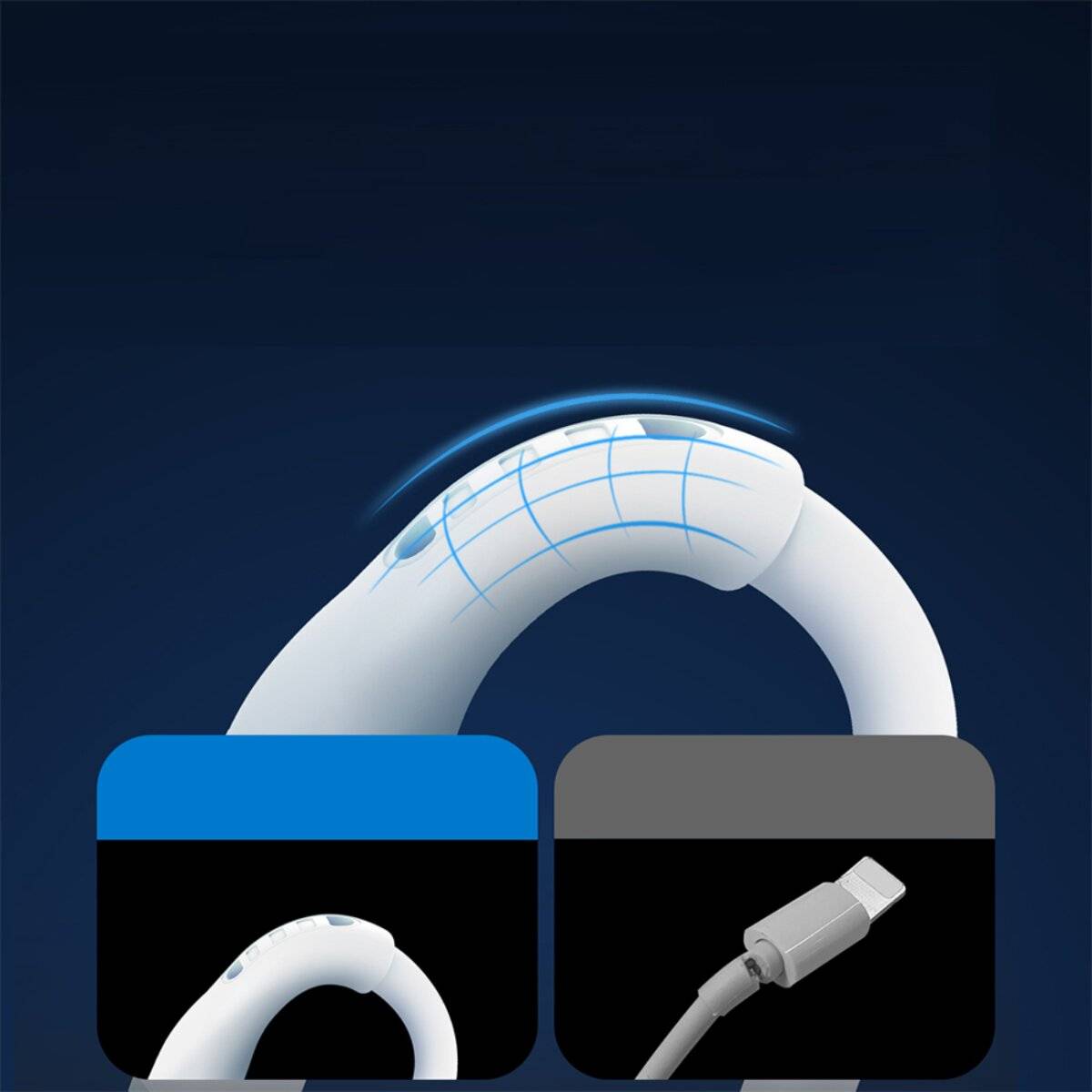 Ein weißes, gebogenes Gerät mit einem Knopf oben, dargestellt in Blau- und Grautönen, mit einer Nahaufnahme eines USB-C-Anschlusses rechts daneben.