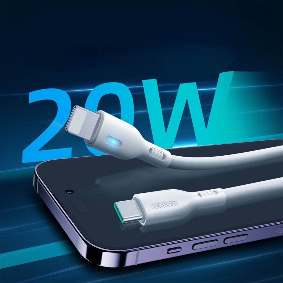 Ein Ladekabel wird an ein Smartphone angeschlossen, wobei auf einem blauen Hintergrund '20W' hervorgehoben wird, was eine schnelle Ladekapazität anzeigt.