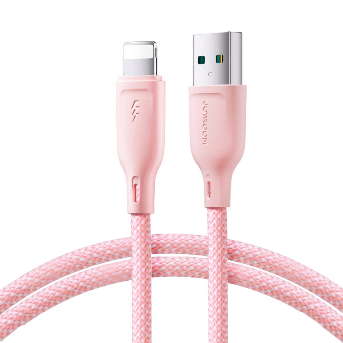 Ein rosa USB zu Lightning Ladekabel mit geflochtener Außenhülle, ausgestattet mit einem USB-A- und einem Lightning-Anschluss an den gegenüberliegenden Enden.