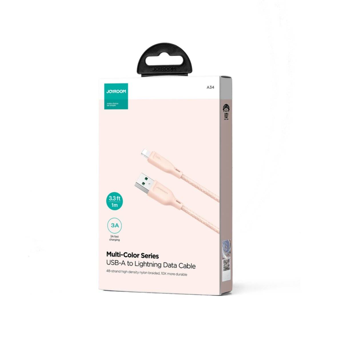JDBOR Multi-Color Series' USB-A auf Lightning Datenkabel Verpackung, mit Hervorhebung von 1m Länge, 3A Ladestrom und 480 Mbit/s Übertragungsgeschwindigkeit.