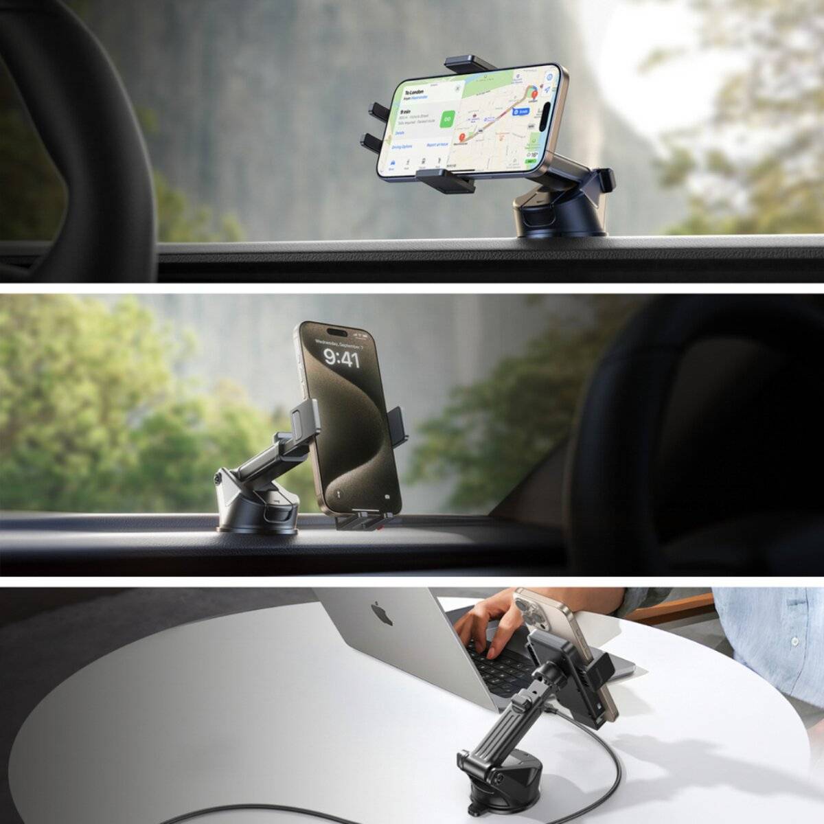 Ein Autotelefon-Halterung, die ein Smartphone mit einer Karten-App auf dem Bildschirm hält, dargestellt in drei verschiedenen Umgebungen: in einem Auto und auf einem Schreibtisch.