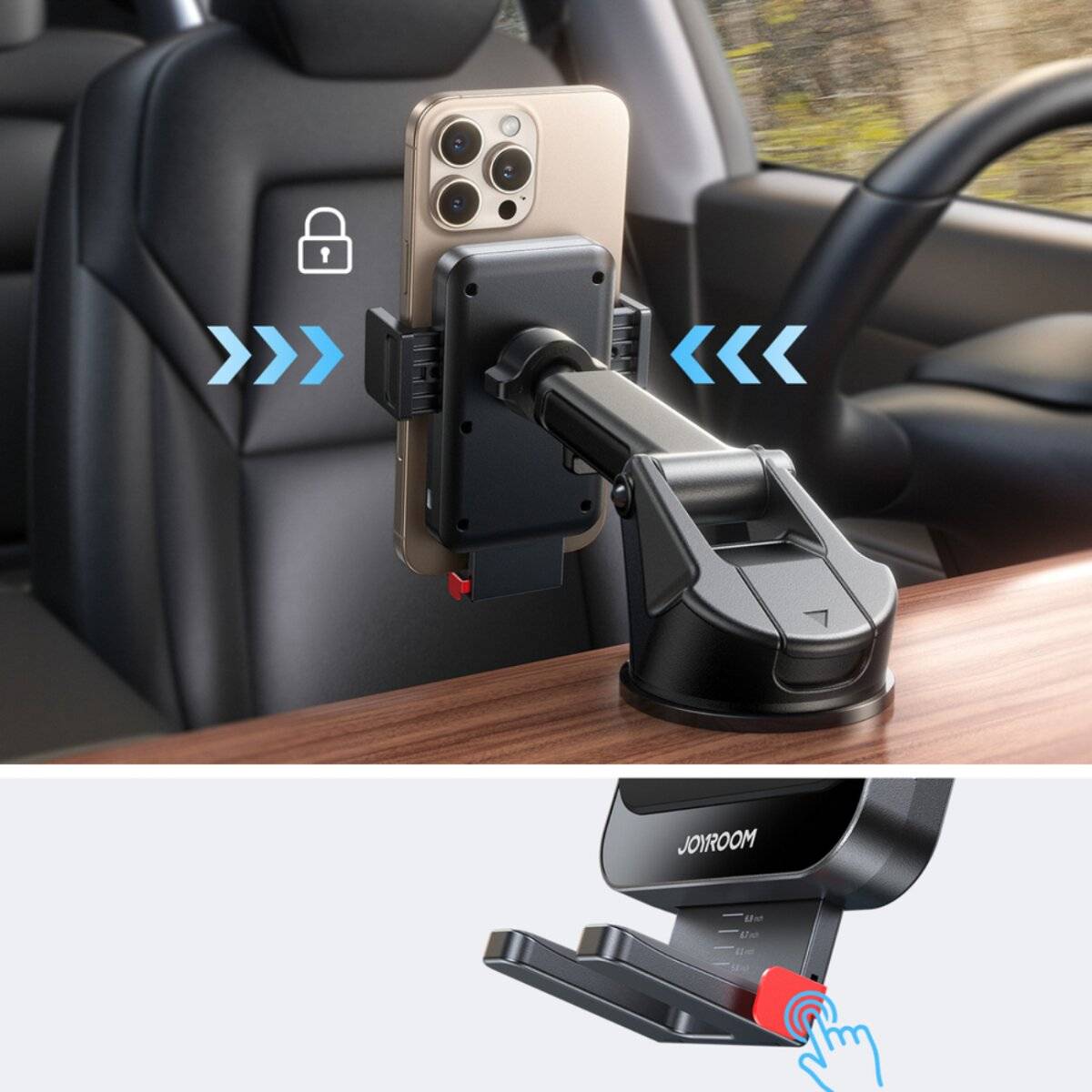Ein Smartphone in einem Autohalter. Pfeile zeigen, dass es befestigt ist. Ein Schlüsselsymbol deutet darauf hin, dass es gesichert ist. Darunter drückt eine Hand einen Knopf zum Entriegeln.