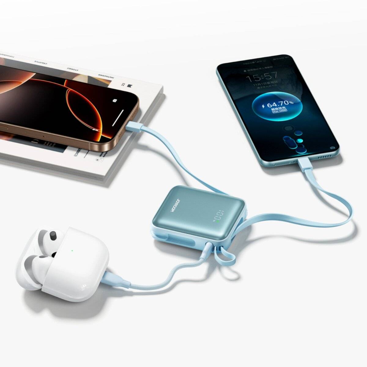 Joyroom JR-PBF27 22,5 W 10000 mAh Powerbank mit zwei integrierten Kabeln - Blau