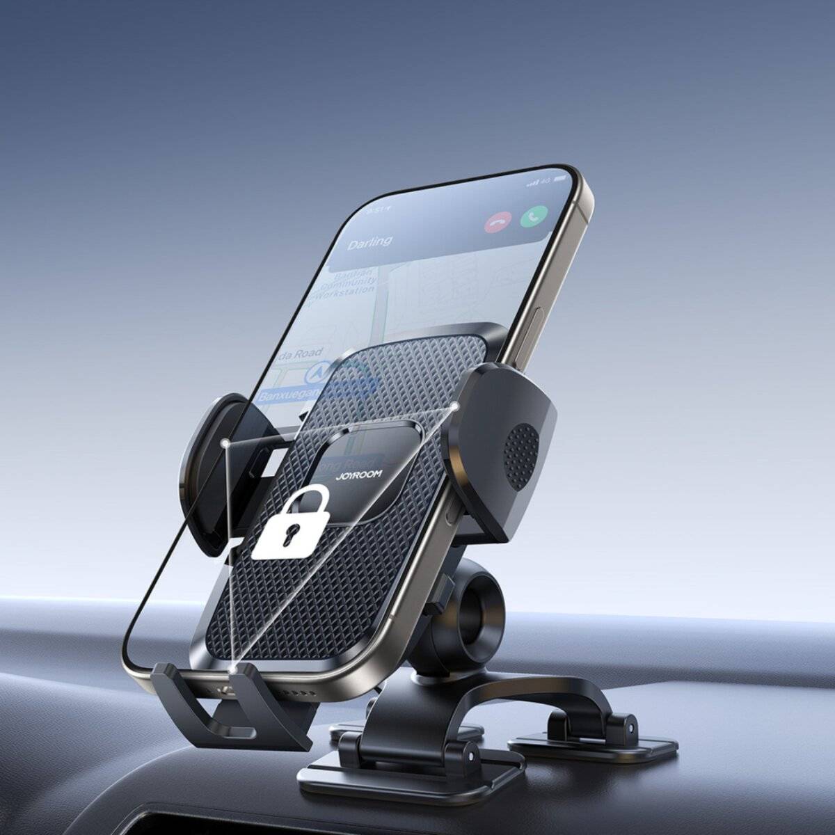 Ein Smartphone in einer Autohalterung auf dem Armaturenbrett, auf dessen Bildschirm ein Schloss-Symbol zu sehen ist, was auf Sicherheits- oder Navigationszwecke hindeutet.