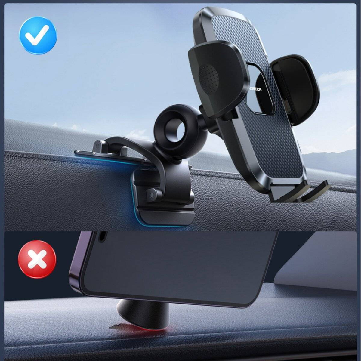 Dashboard-Handyhalterung im Vergleich: Oberes Bild zeigt eine sichere Halterung mit einem Häkchen; unteres Bild, eine instabile Halterung mit einem X-Kreuz.