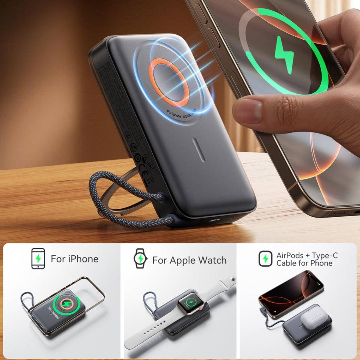 Joyroom JR-PBM02 Powerbank 22,5 W 10000 mAh 3-in-1 magnetisch induktiv kompatibel mit MagSafe mit Kabel – Schwarz