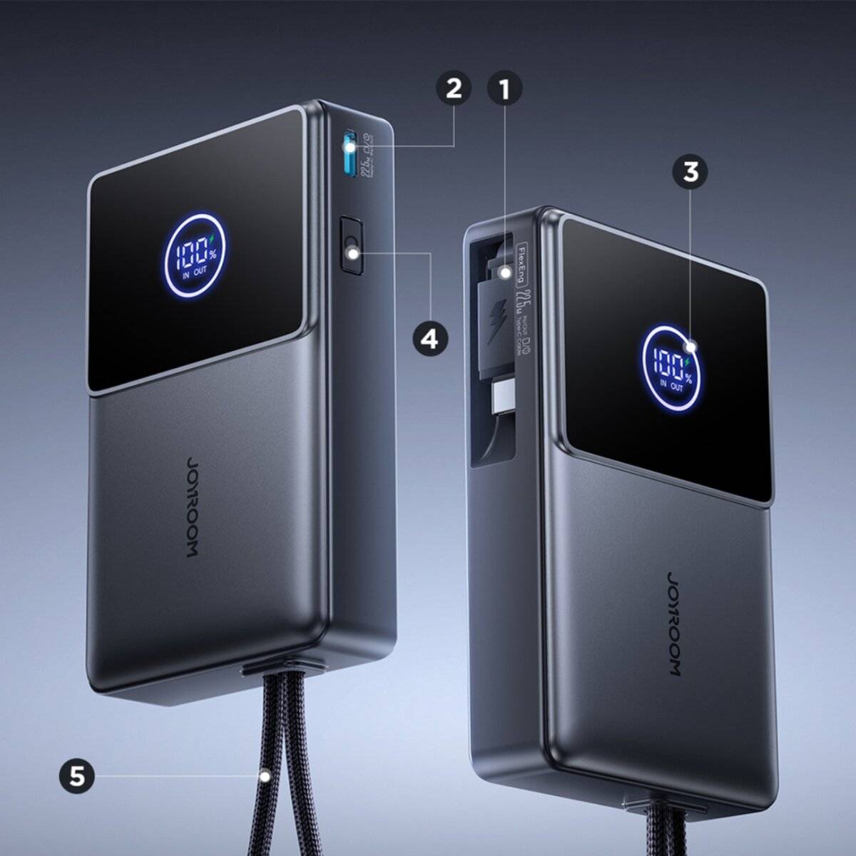 Joyroom JR-PR1 10000mAh 22,5W Powerbank mit integriertem einziehbarem USB-C-Kabel – Schwarz