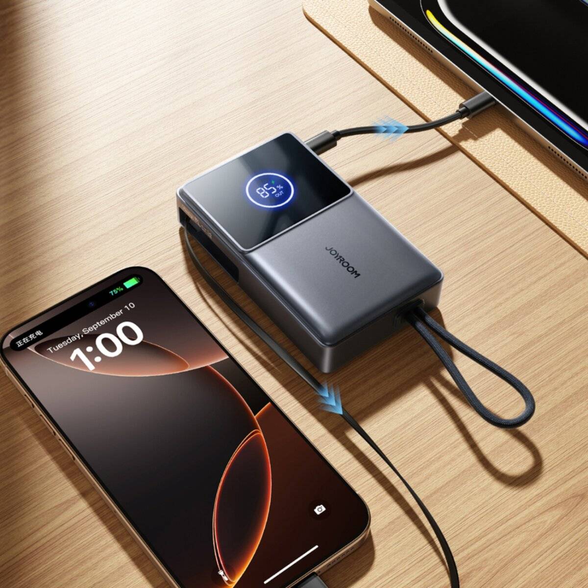 Joyroom JR-PR1 10000mAh 22,5W Powerbank mit integriertem einziehbarem USB-C-Kabel – Schwarz