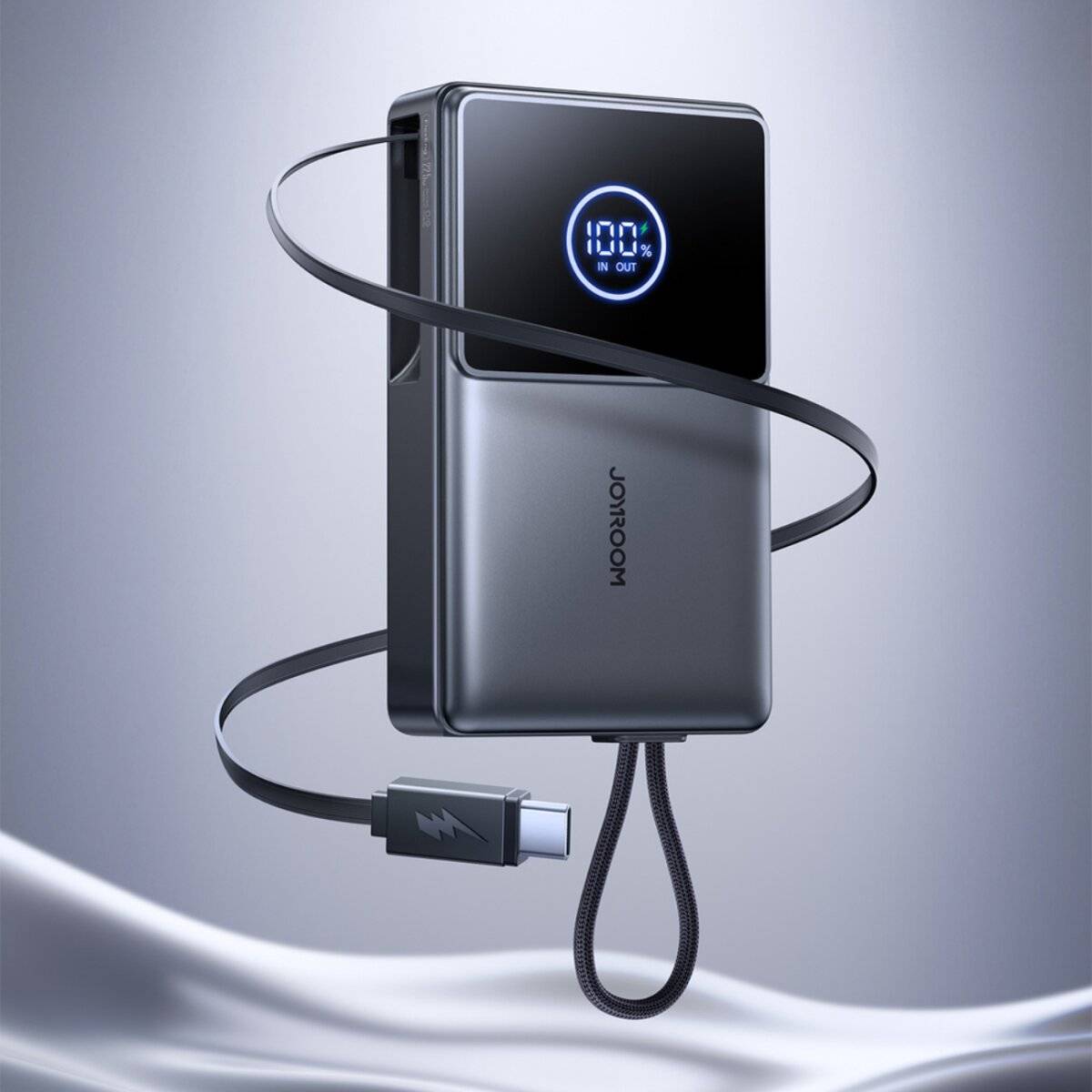 Joyroom JR-PR1 10000mAh 22,5W Powerbank mit integriertem einziehbarem USB-C-Kabel – Schwarz